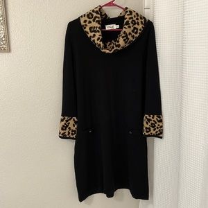 Eliza j black knee length knit dress, with leopard cowl neck and bell sleeves